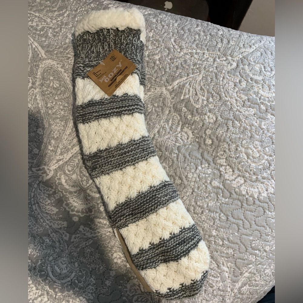 Just Cozy Gray and Cream Slipper Socks